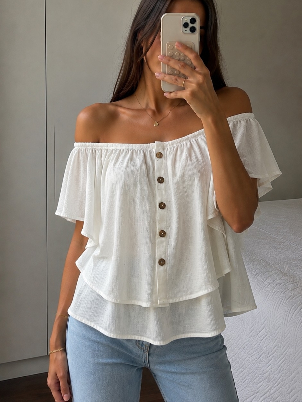 Zara White Off-Shoulder Ruffle Button-Front Top NWOT Sz XS